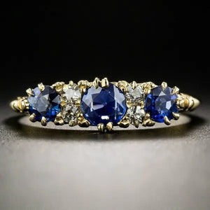 Fashion Women Art Deco Design Jewelry 18K Yellow Gold Ring Victorian Blue Sapphire and Diamond Carved Floral Ring Round Gemstone Wedding Rings Size 6 7 8 9 10