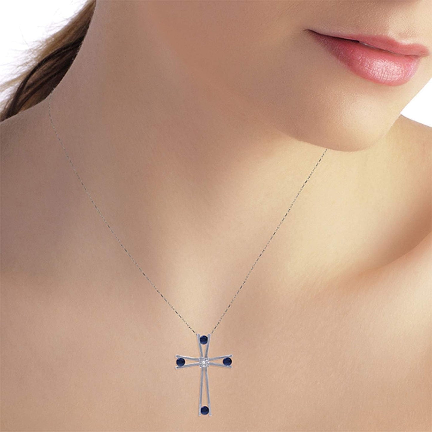 14K Solid White Gold Cross with Natural Diamond and Natural Sapphires Necklace