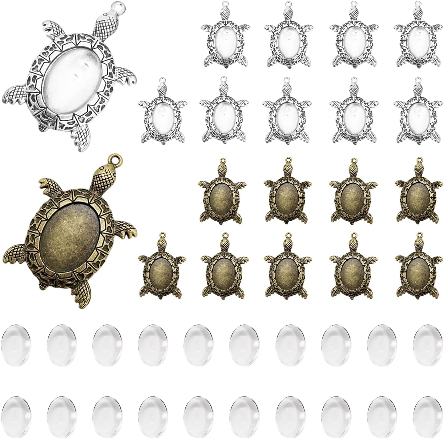 40 Pieces 2 Colors Antique Bronze Silver Turtle Pendant Settings Include 20Pcs Blank Bezel Pendant Trays 20Pcs Clear Oval Glass Cabochons Bases for Memorial Photo Pendant DIY Art Crafts Jewelry Making