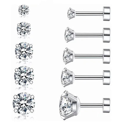 1 Pair/9 Pairs 18G Stainless Steel Ear Stud Piercing Barbell Studs Earrings round Cubic Zirconia Inlaid Body Jewelry for Women Girls Kids Christmas Present
