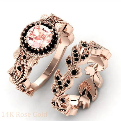 2 Pieces/Set of Fashionable and Elegant Flower Vine Ladies Luxury Jewelry Rose Gold Black Sapphire Diamond Wedding Ring Princess Proposal Anniversary Gift Size 4-11 Bague Femme