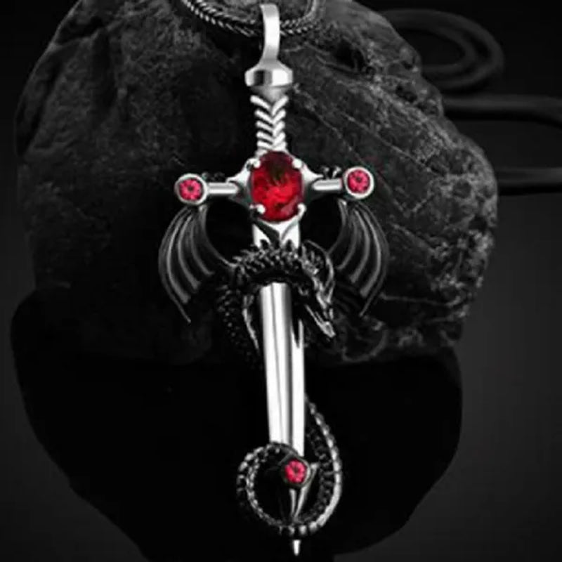 2021 New Retro Men's 316L Stainless Steel Ruby Sword and Dragon Pendant Necklace Punk Men's Party Necklace Best Jewelry Gift