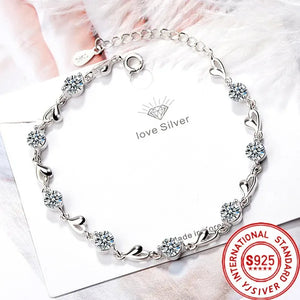 Hot 925 Sterling Silver Zircon Love Heart Shaped Bracelets Crystals for Women Valentines Gift Wedding Party Cute Jewelry