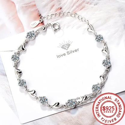 Hot 925 Sterling Silver Zircon Love Heart Shaped Bracelets Crystals for Women Valentines Gift Wedding Party Cute Jewelry