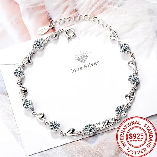 Hot 925 Sterling Silver Zircon Love Heart Shaped Bracelets Crystals for Women Valentines Gift Wedding Party Cute Jewelry