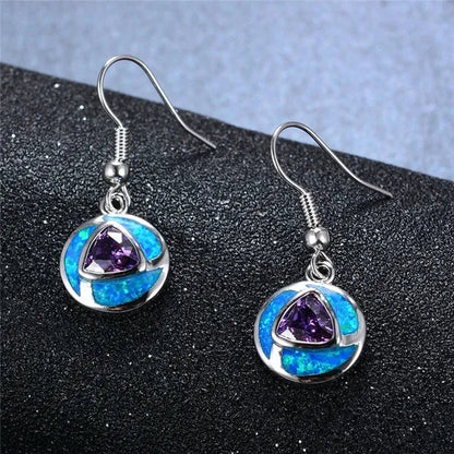 Boho Unique Round Blue Fire Opal 925 Sterling Silver Drop Earrings Amethyst Zircon Female Wedding Party Earrings Best Gift
