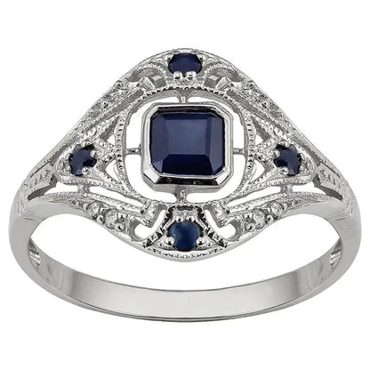 10k White Gold Vintage Style Genuine Sapphire and Diamond Ring