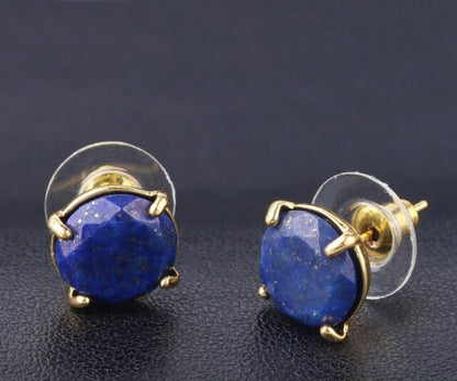 Real Natural Stones Lapis Lazuli Earrings round Faceted Stud Earrings Gold-Filled Genuine Gemstone - USA  (Lapis-Lazuli)