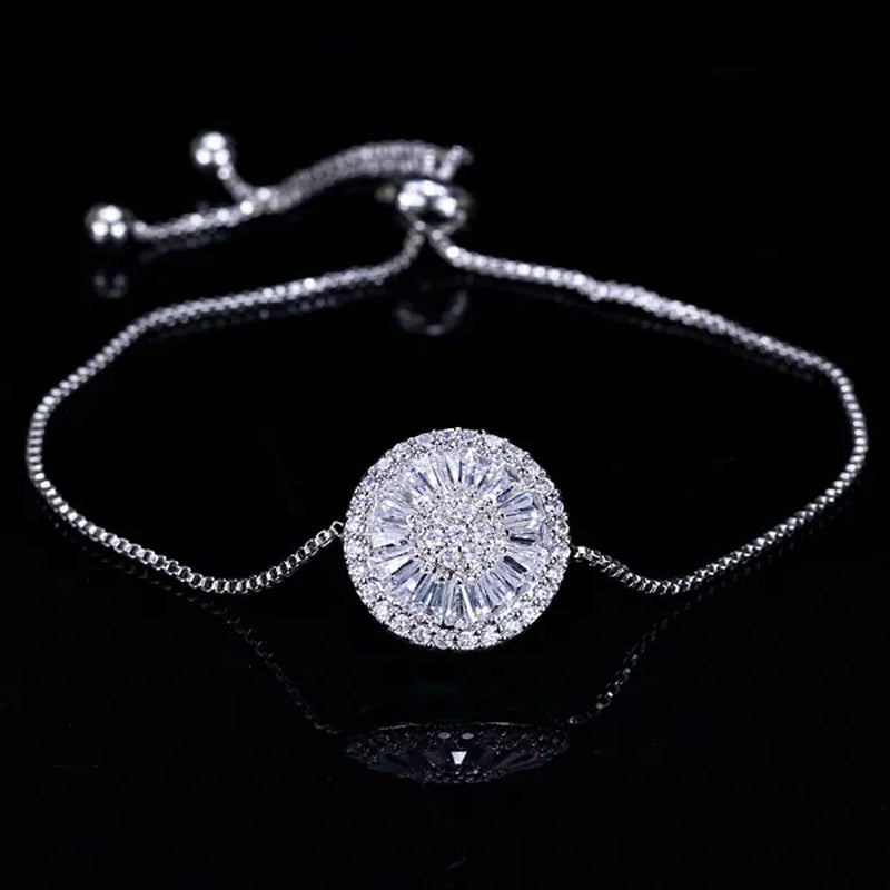 Gloriya Trendy Round Charm Pave Sparkling White Cubic Zirconia Silver Plated Adjustable Box Chain Bracelet & Bangle for Women Korean Simple Minimalist Jewelry