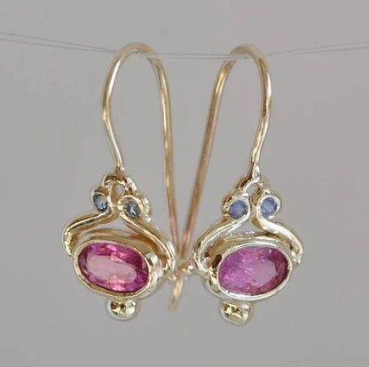 Glittering Women Waterdrop Cut Red Ruby Floral Dangle Earrings 18 K Yellow Gold Filled Antique Wedding Stud Drop Earring Wedding Jewelry