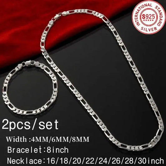 2pcs/Set(Bracelet+Necklace) 925 Sterling Silver Charms Men Women Figaro Curb Lobster Clasps Link Chain Bracelet and Necklace Fashion Exquisite Jewelry Gifts