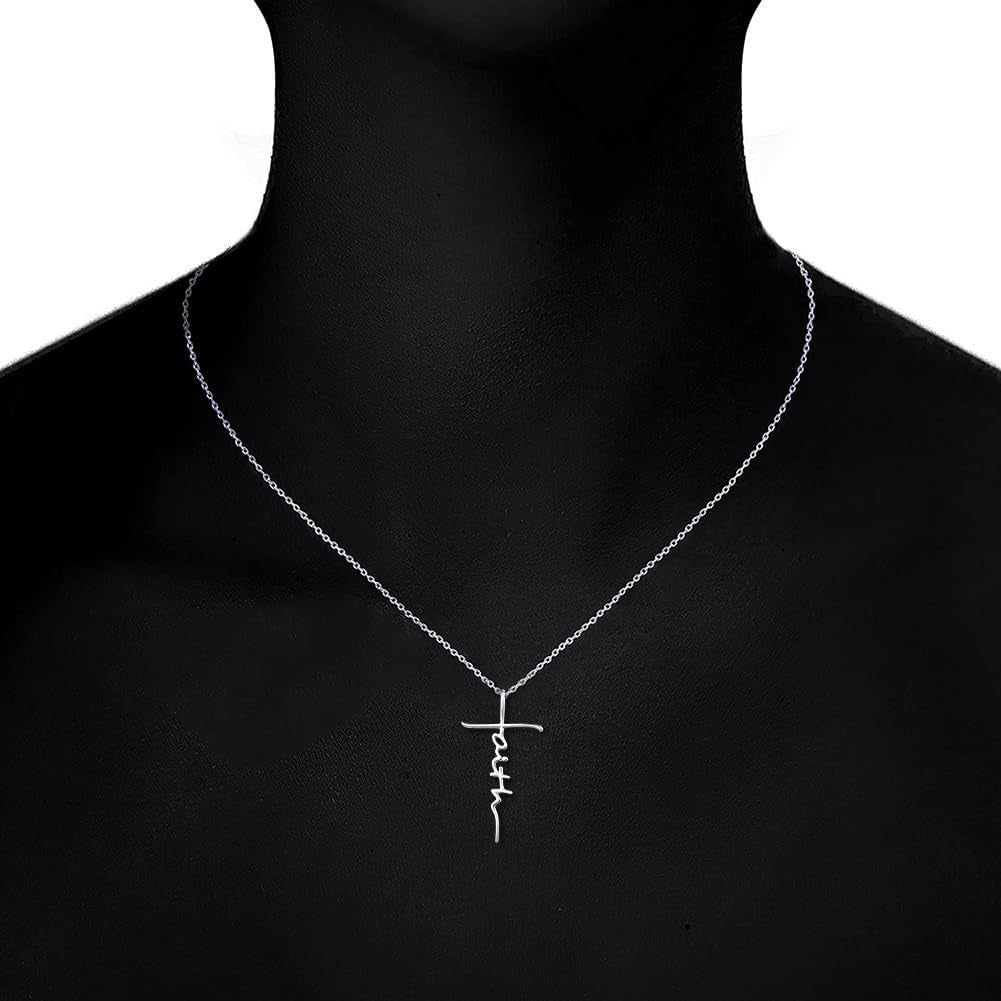 Faith Cross Necklace for Women 925 Sterling Silver Pendant Necklace with Birthstone Initial Christian Religious Confirmation Baptism Gifts