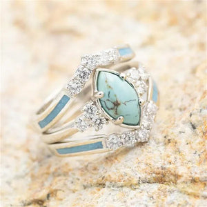 3 Pieces/Set Womens Gold Plated Multilayer Hollow Turquoise Rings with Delicate Moissanite Engagement Wedding Rings Anniversary Birthday Christmas Gift Jewelry Sizes 5-11