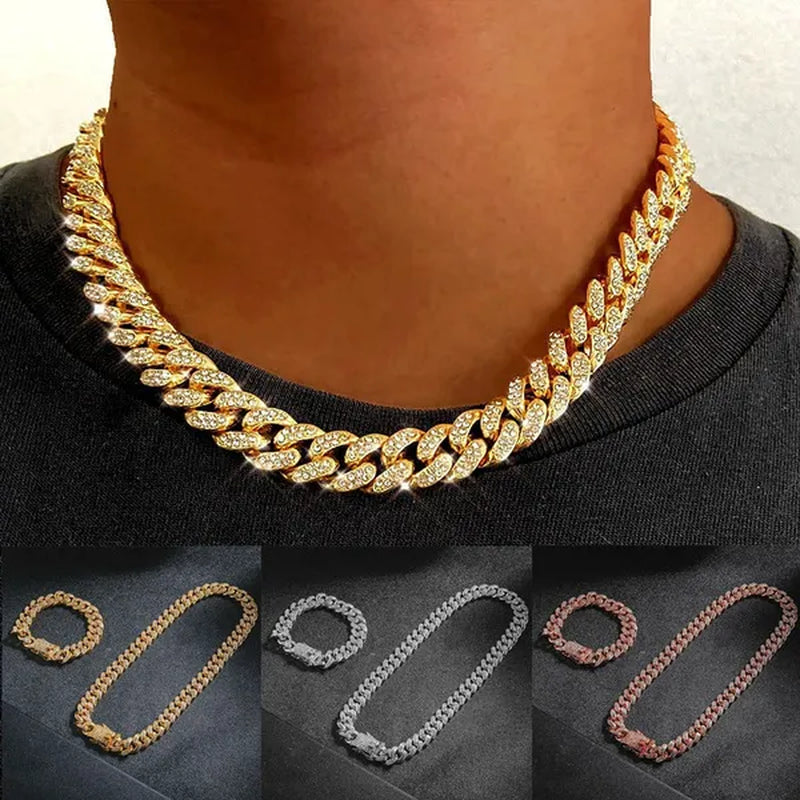 Men's Hip Hop Iced Out Paved Rhinestones 13MM Gold/Silver/Rose Gold Full Miami Curb Cuban Chain Bling Necklace Bracelet Set Jewelry Gifts
