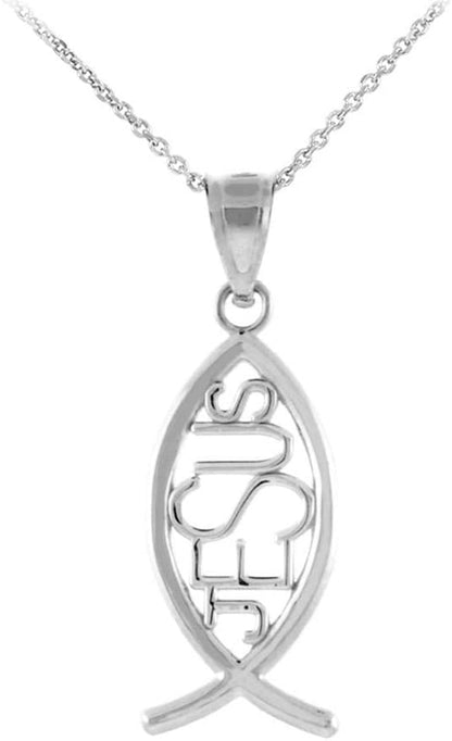 925 Sterling Silver Vertical Jesus Ichthus Charm Christian Fish Pendant Necklace