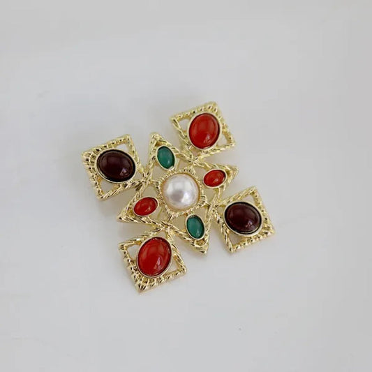 Antique Roman Engraved Baroque Byzantine Style Pearl Ruby Retro Brooches for Corsage Girl