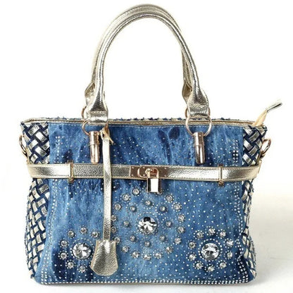 Womens Handbag Large Oxford Shoulder Bags Patchwork Jean Style and Denim Diamond Decoration Totes