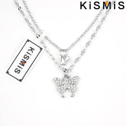KISMIS 1 Pc/2 Pcs Exquisite and Creative Women's Diamond Necklace Butterfly Double Layer Necklace Shiny Diamond Ladies Clavicle Chain Elegant Charm Wedding Pendant Jewelry