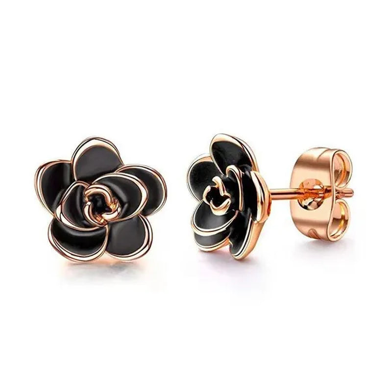 Women Fashion Black and White Rose Gold Camellia Vintage Flower Earring Stud Earrings