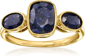3.30 Ct. T.W. Sapphire 3-Stone Ring in 18Kt Gold over Sterling. Size 7