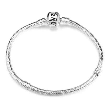 NEW Fashion 925 Sterling Silver White Flashing Double Sided Heart Snake Chain Bracelet for European Bangle Bracelet Jewelery Making DIY