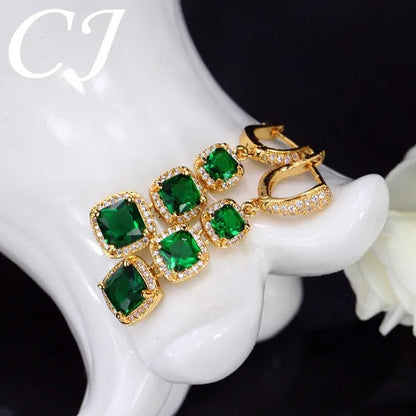 CANDICE  Luxury Yellow Gold Plated Drop Earrings Jewelry Square Red Cubic Zircon Stones Long Earring For Women