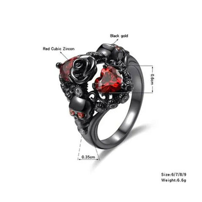 Rose Skull Ring Heart-shaped Red Zircon Punk Ring Fashion Jewelry