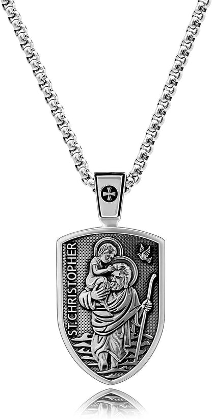 ® Saint Christopher Protect Us Medal St. Christopher Protection Shield Christian Amulet Unique Solid 925 Sterling Silver Pendant Necklace + Velvet Pouch, Polishing Cloth, Gift Box