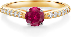 10K Yellow and White Gold Red Created Ruby and White Lab Grown Diamond Engagement Solitaire Ring (0.78 Cttw, round 5MM, Gemstone July Birthstone, Available in Size 5, 6, 7, 8, 9)