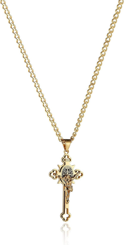 Religion Stainless Steel Saint St St. Benedict Crucifix Cross Pendants Necklace INRI