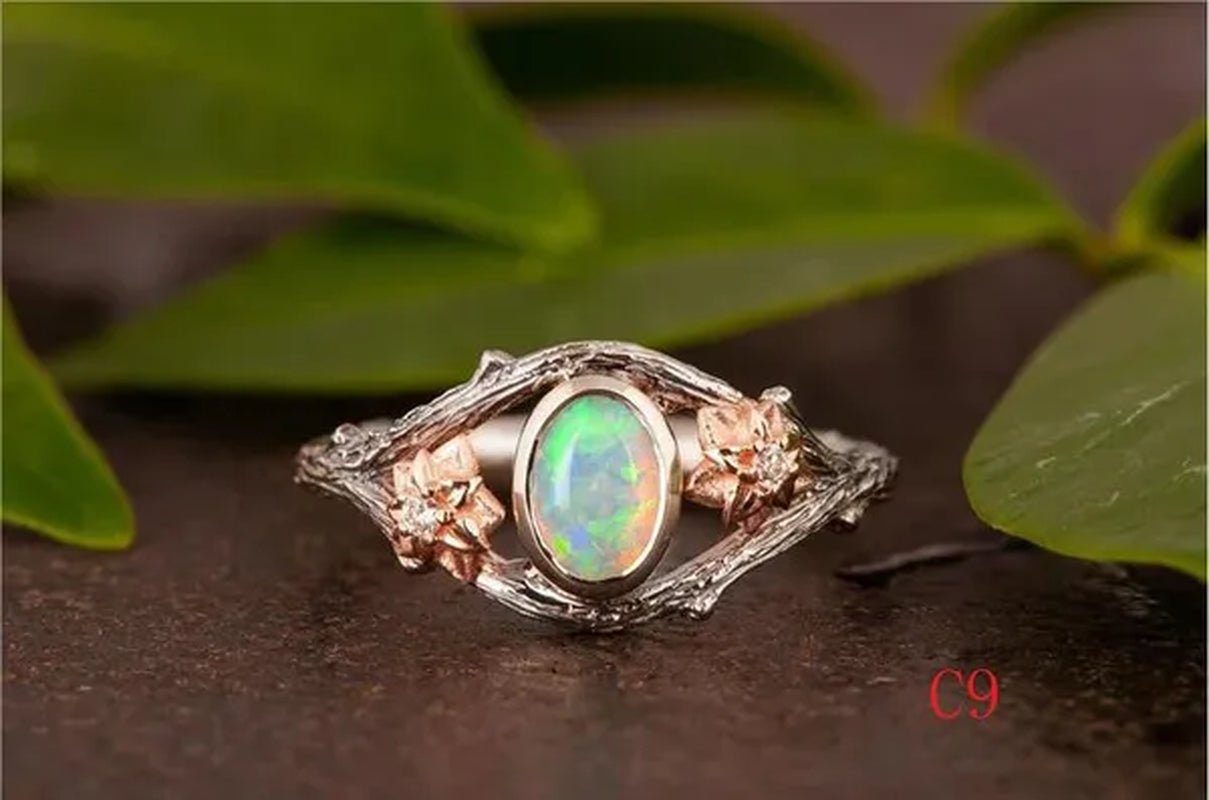 Vintage Maple Leaves & Flower Ring Set Antique Silver Women's Fashion Twig Leaf Opal & Moonstone Ring Anniversary Gift Engagement Bridal Wedding Jewelry Rings Size 5-10