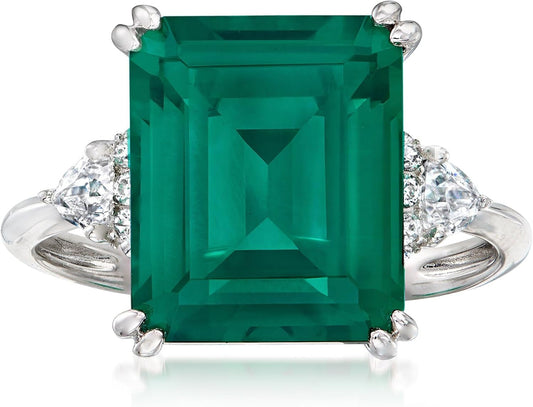 6.00 Ct. T.W. Simulated Emerald and .19 Ct. T.W. CZ Ring in Sterling Silver. Size 8