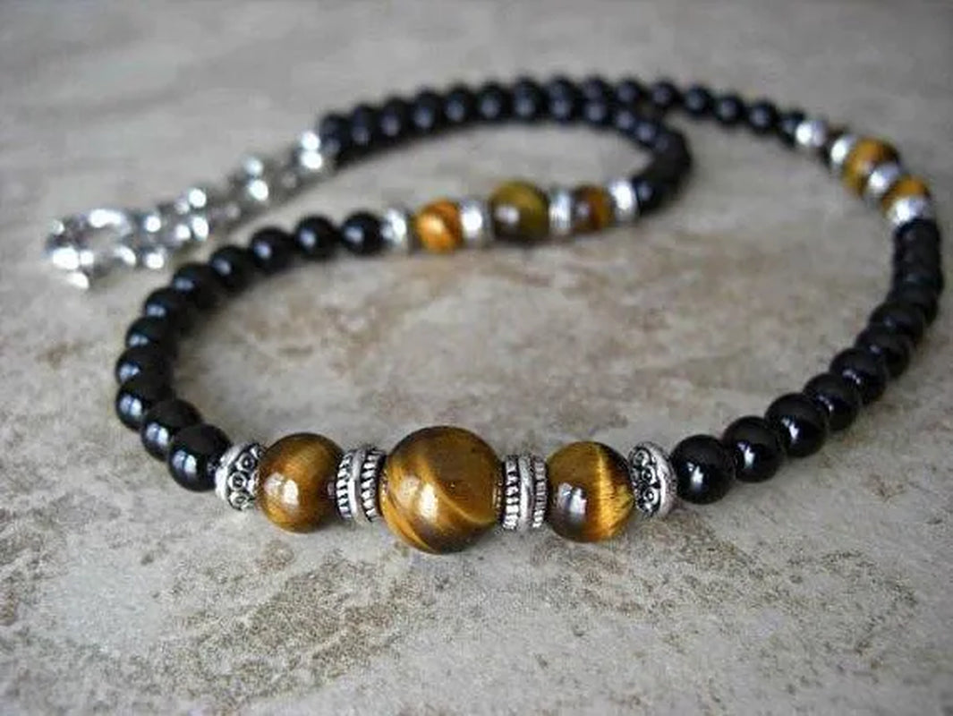 Black Onyx Tiger Eye Silver Accents Men'S Necklac