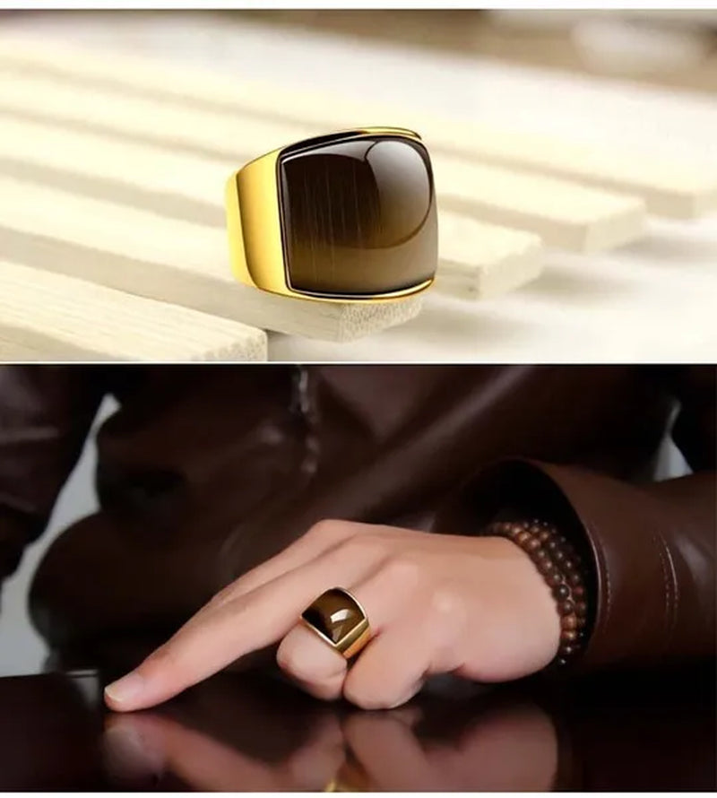 New Fashion Rings 316L Stainless Steel Gold Plated Simple Jewelry Ring With Opal For Men