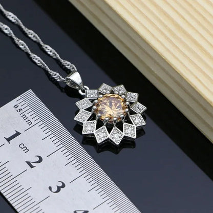 Flower 925 Sterling Silver Jewelry Sets Champagne Topaz Wedding Women Earrings/Pendant/Necklace/Ring/Bracelets
