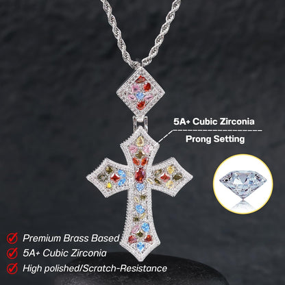 Iced Out Colorful Rhomboic Cross Pendant Necklace, Trendy White Gold Hip Hop Cubic Zirconia Oval Diamond Cross Pendant Faith Jesus Necklace Gift