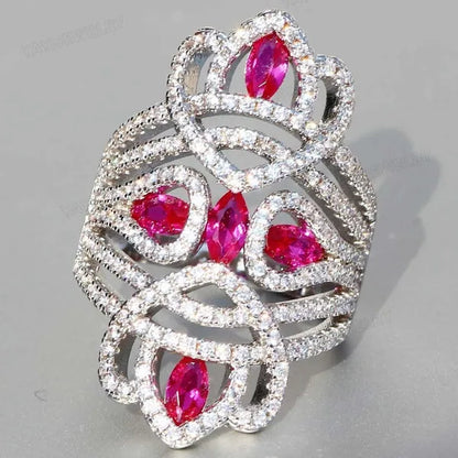 Silver Natural Gemstones White Sapphire & Ruby Ring Birthstone Bride Wedding Engagement Multilayer Princess Cross Ring Size 6 7 8 9 10