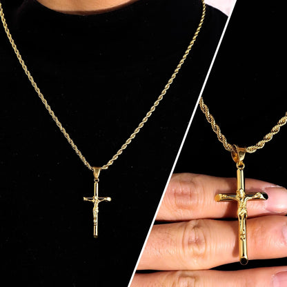Sterling Silver Plated Cross Necklace for Men Gold Plated Cross Necklaces for Women Trendy Stainless Steel Crucifix Pendant with 3Mm 21Inch Rope Chain