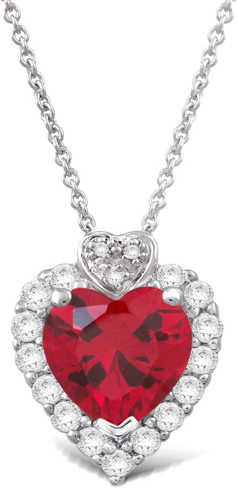 Created Ruby, Created Blue Sapphire, Created Opal, round Created White Sapphire and Natural White round Diamond Heart Necklace, October Birthstone Necklace, Christmas Gift