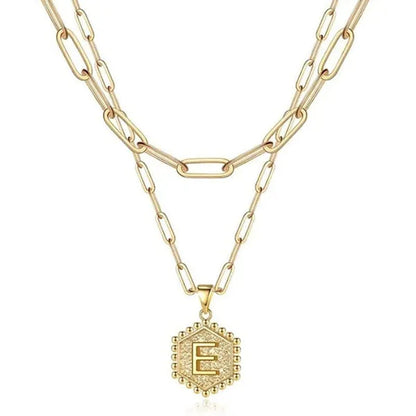 Dainty Layered Initial Necklaces for Women, 14K Gold Plated Paperclip Chain Necklace Simple Cute Hexagon Letter Pendant Initial Choker Necklace Gold Layered Necklaces for Women