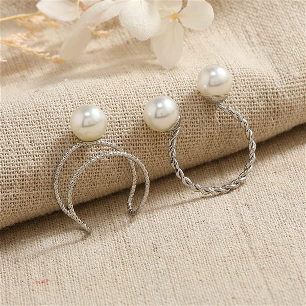 2Pcs Shell Pearl Adjustable Wedding Statement Rings for Women Girls Silver Plated Expandable Twisted Layered Open Wrap Rings Comfort Fit Fashion Delicate Birthday Christmas Party Jewelry Gifts