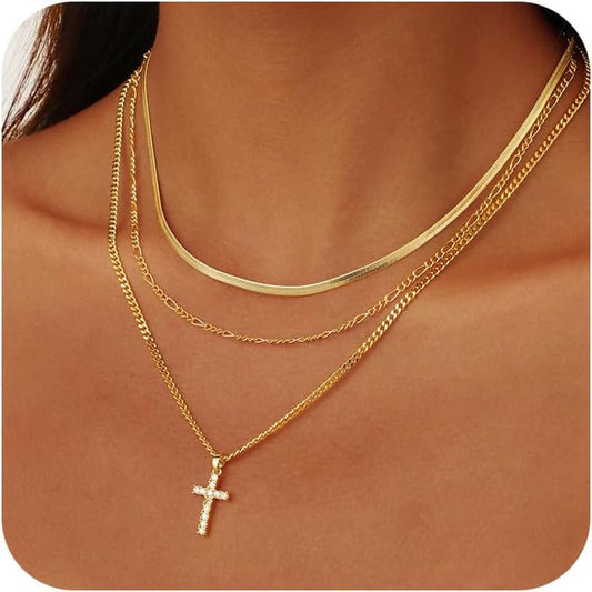 Layered Gold Cross Necklaces for Women, Stack Stackable Chunky 14K Gold Plated Cubic Zirconia Pendant Necklace Set Dainty Choker Layering Faith Jewelry Religious Gifts for Women