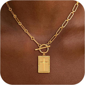Cross Necklace for Women Trendy, 18K Gold Plated Cross Pendant Charm Necklace Dainty Paperclip Chain Religious Jewelry Gifts for Christian Faith, Baptism, First Communion