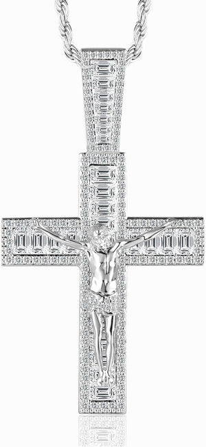 Mens Womens Crucifix Necklace Jesus Cross Chain Iced Out Baguette REAL White Gold/ 18K Gold/Rose Gold Plated Christian Pendant(Give 3Mm 24Inch Gold Plating Rope Chain)