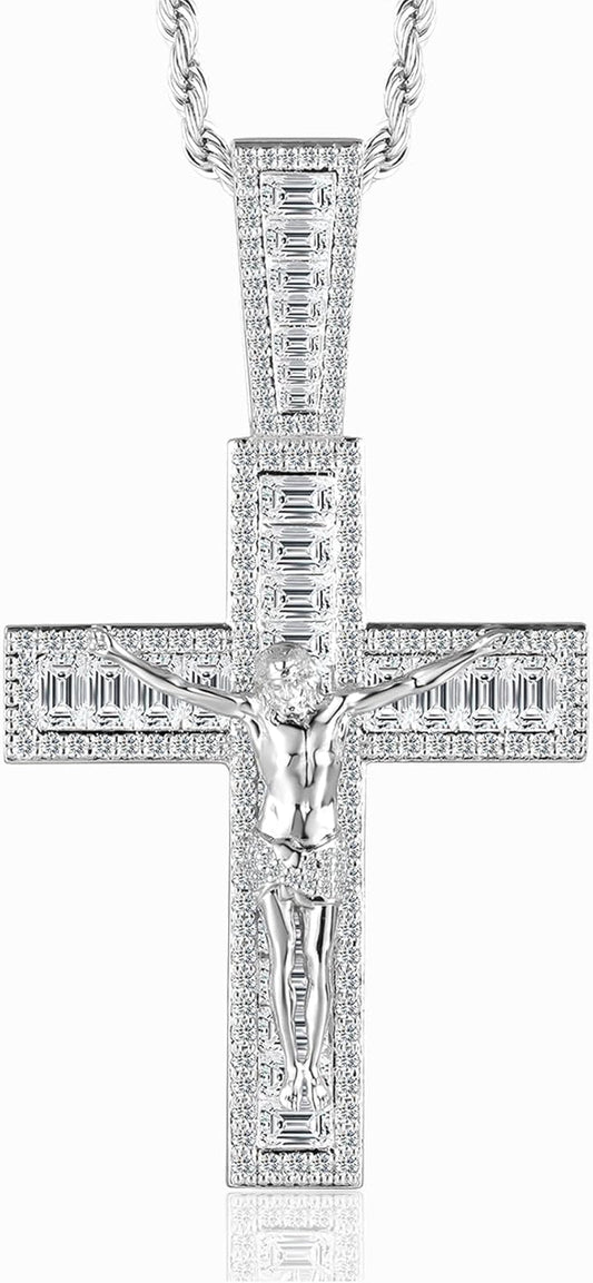 Mens Womens Crucifix Necklace Jesus Cross Chain Iced Out Baguette REAL White Gold/ 18K Gold/Rose Gold Plated Christian Pendant(Give 3Mm 24Inch Gold Plating Rope Chain)