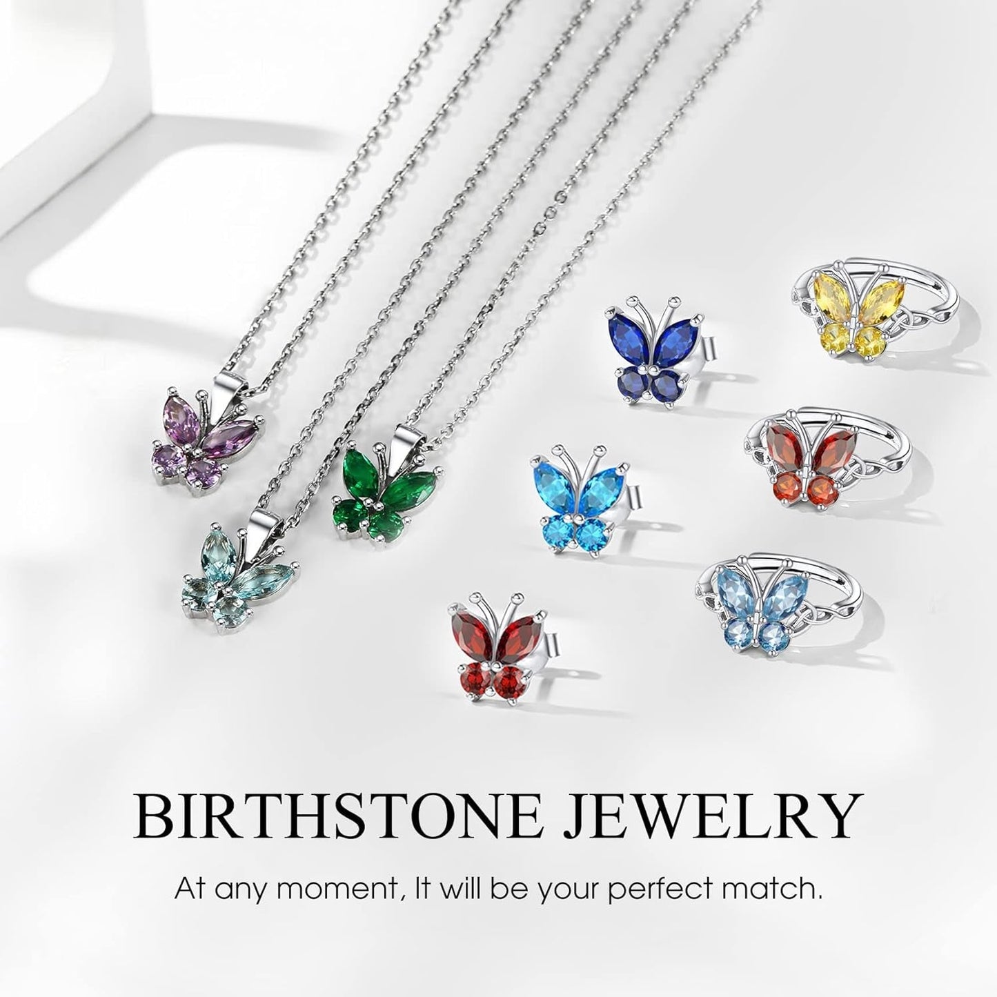 Sterling Silver Birthstone Rings for Women, Dainty Butterfly Stackable Ring Adjustable Ideal Valentine'S Gifts for Her
