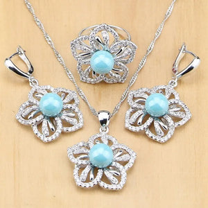 Flower 925 Silver Jewelry Set Blue Pearl with Beads Pendant Drop Earrings Rings Necklace for Women