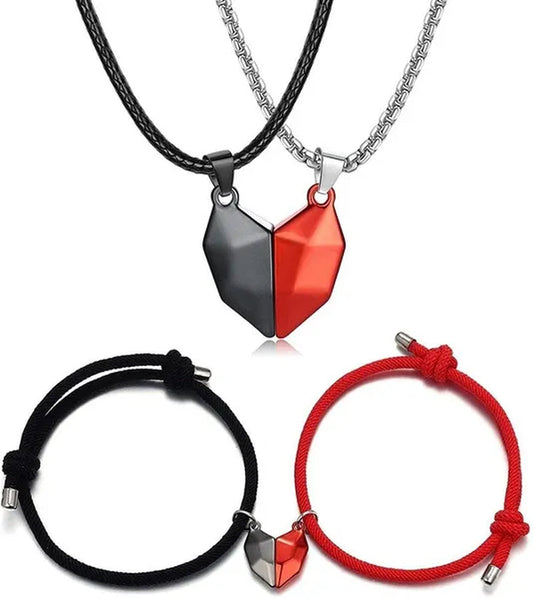 4Pcs/Set Two Souls One Heart Matching Necklaces Bracelets for Couples Creative Magnet Wishing Stone Necklaces Pandent Braided Rope Bracelets Mutual Attraction Friendship Couples Jewelry Gifts for Valentine'S Day
