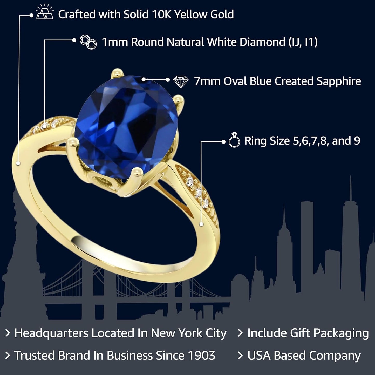 14K Yellow Gold 10X8MM Oval Gemstone Birthstone and White Diamond Engagement Ring | Wedding Anniversary Promise Gold Ring for Women | Size 5,6,7,8,9