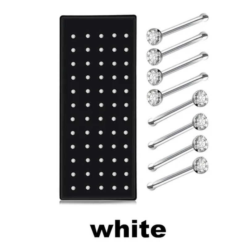 New Fashion Stainless Steel CZ Crystal Straight Shape Diamond Rhinestone Nose Ring Body Piercing Stud Jewelry Bone 20 Gauge for Women Girls 2 Types